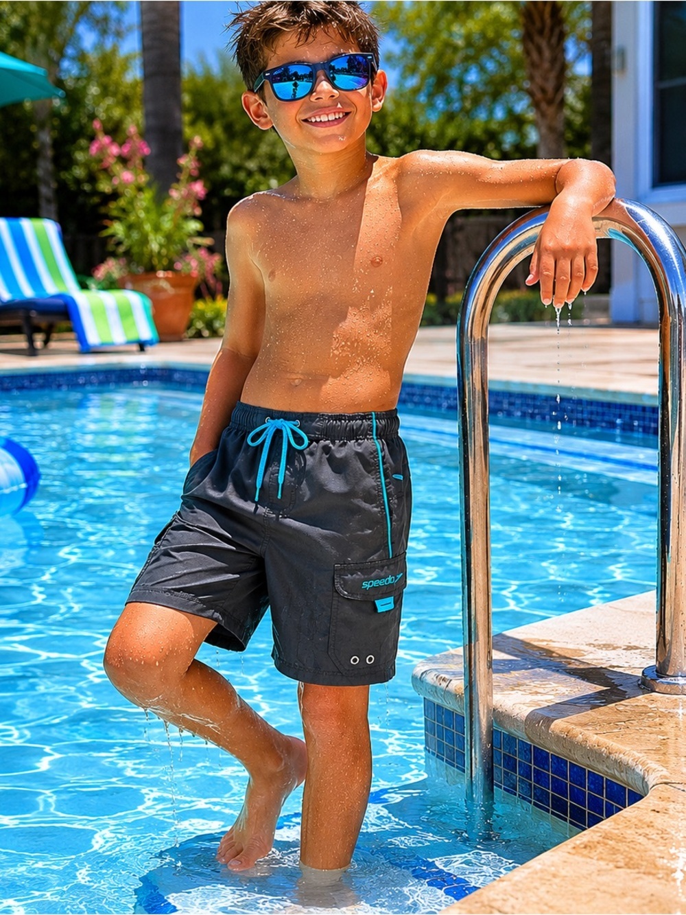 🌊 Boys Speedo Swim Trunks Size Small Gray Blue Board Shorts